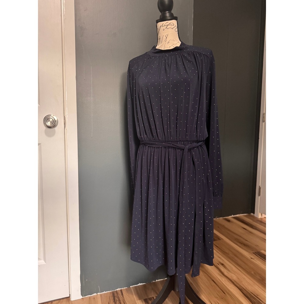 Navy Blue Polka Dot Long Sleeve Dress with Belt Tie Elegant Casual